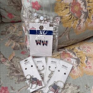 Patriotic Set - 4 American Flag Keychains & Earrings. NWT